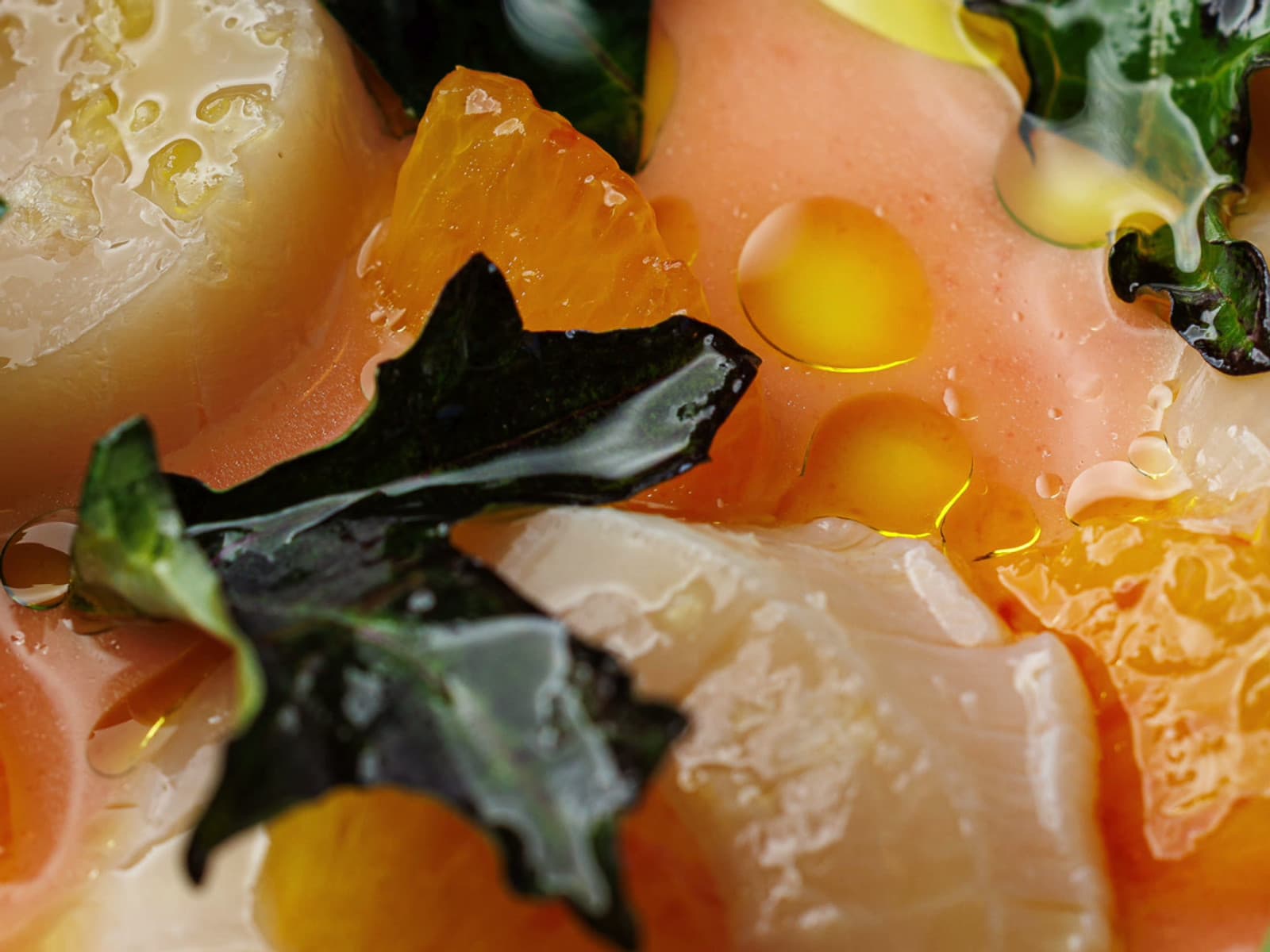Scallop crudo at Eleven Fifty Five — thin scallop, citrus segments, crisp dark kale and olive oil